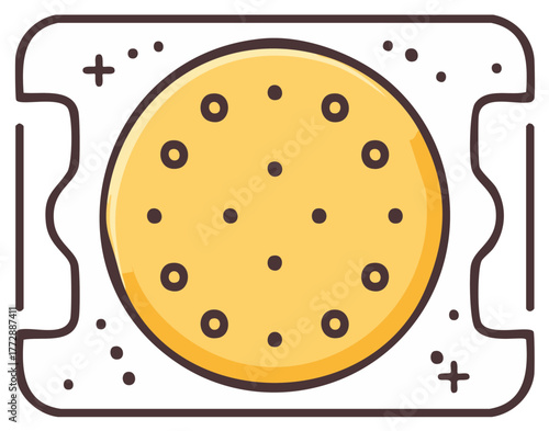 Crispy round cracker illustration within a perforated packaging concept in a minimalist style for snack food presentation