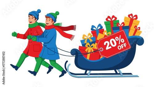 Festive Shopping Sleigh Ride: Two cheerful individuals pulling a sleigh laden with brightly wrapped gifts, adorned with a tempting 20% Off sale tag.