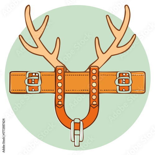 Cartoon illustration of deer antlers on a brown leather harness for a costume or decoration