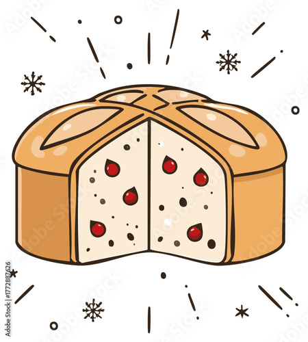 Illustration of cut panettone bread, Christmas celebration food with decorative elements.