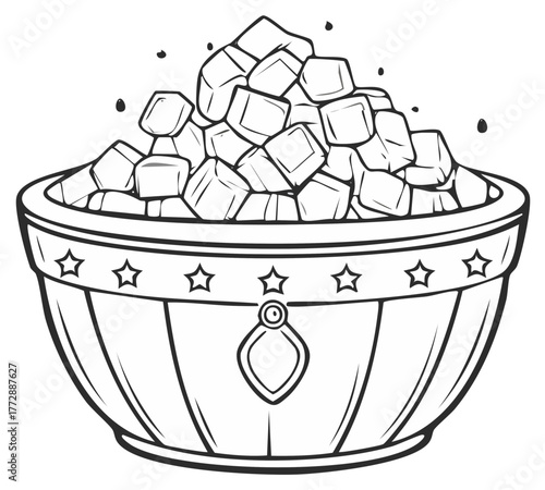 Decorative bowl overflowing with ice cubes, black and white line art illustration
