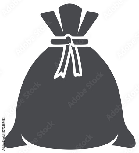 Dark grey sack with tied ribbon knot and drawstring closure graphic icon