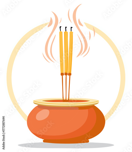 Burning incense sticks in a pot with glowing aura and stylized flames