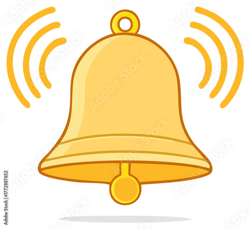 Cartoon ringing golden bell with sound waves radiating outwards