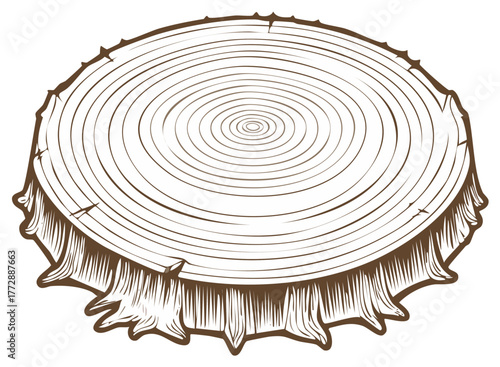 Stylized Cross Section of a Tree Trunk with Visible Growth Rings Hand Drawn Detail and Rough Bark