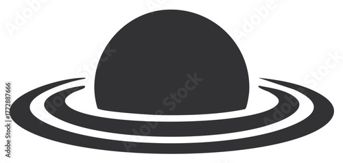 Dark circular dome over two lines or rings creating a symbolic planet or structure.