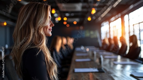 Woman with long hair sitting at a conference table in a modern office during a meeting at sunset