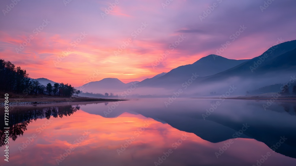 Obraz premium Calm mountain landscape at sunrise with pink and orange clouds reflecting beautifully