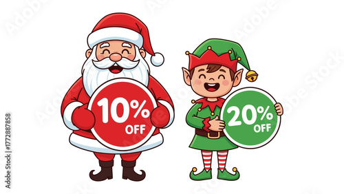  Festive Savings: Santa and his helpful elf offer festive discounts. A jolly Santa Claus and a cheerful elf stand side-by-side, each proudly displaying signs offering discounts.