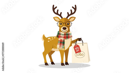 Reindeer with Gift in Festive Wear: A charming reindeer, adorned in a plaid scarf and spectacles, playfully carries a shopping bag, hinting at special offers or celebratory gifting.