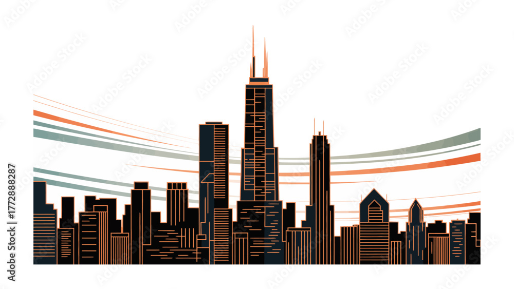 Obraz premium Skyline Silhouette: A stunning skyline silhouette showcases the majestic urban landscape, with soaring skyscrapers. capturing the essence of a vibrant city's iconic architecture.