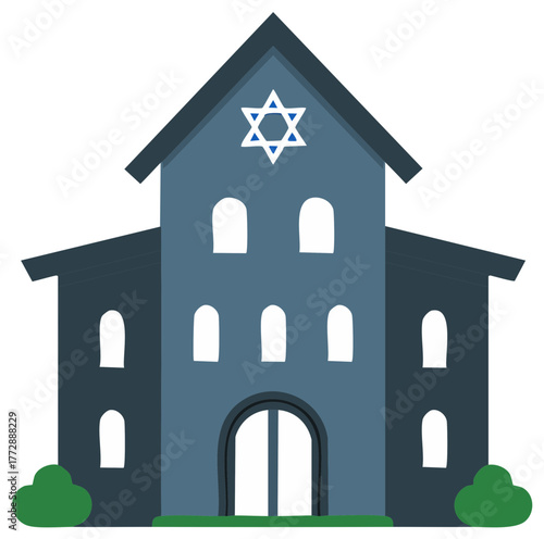 Illustrated depiction of a synagogue featuring the Star of David, architecture, and design