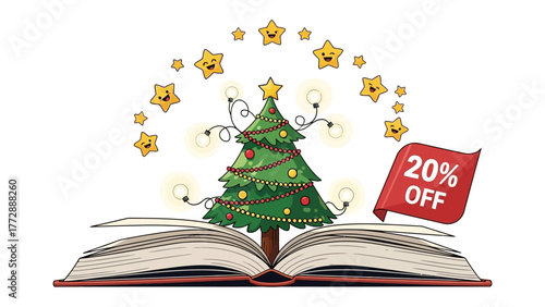 Festive Storybook Sale: A whimsical holiday scene, featuring a charming Christmas tree adorned with glowing lights and star ornaments, emerges from the pages of an open book.