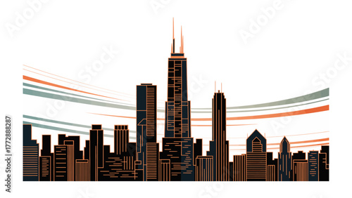 Skyline Silhouette: A stunning skyline silhouette showcases the majestic urban landscape, with soaring skyscrapers. capturing the essence of a vibrant city's iconic architecture.
