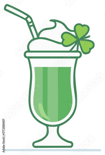 Refreshing green drink icon with cream, shamrock, and straw isolated