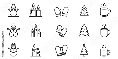 Hand drawn winter holiday icons set snowman candles mittens tree mug