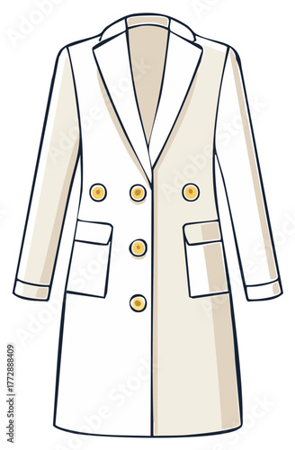 Stylish beige trench coat with golden buttons and flap pockets illustration