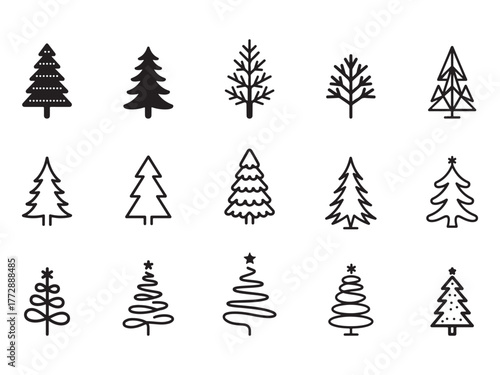 Collection of hand drawn christmas tree illustrations in black and white