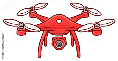 Red quadcopter drone with a camera in a simple cartoon illustration style