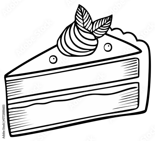 Single Slice Layered Cake with Cream and Leaves Topping Line Art Drawing