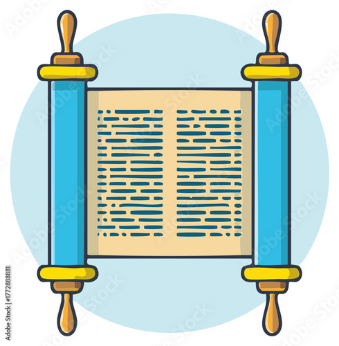 Illustrated Jewish Torah scroll with ancient scripture text and decorative handles
