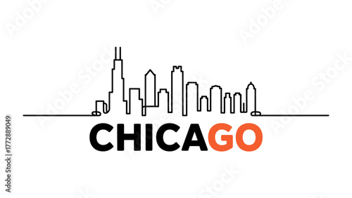 Chicago Skyline: a minimalist outline, Chicago city and its famous landmarks set against a clean, modern aesthetic, highlighting the city's architectural grandeur.
