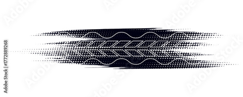Set of black motorcycle tire tread print with grunge effect isolated on white background.