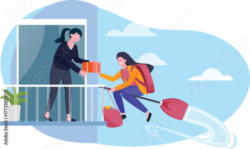 Woman Delivering Package on Flying Broom Illustration