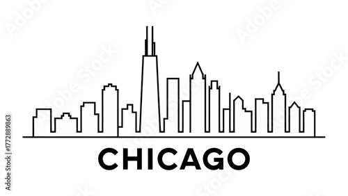 Chicago Skyline: An elegant, minimalist line drawing showcases the iconic Chicago skyline, with its unique architectural silhouettes. A visual ode to urban beauty and the city's unique charm.