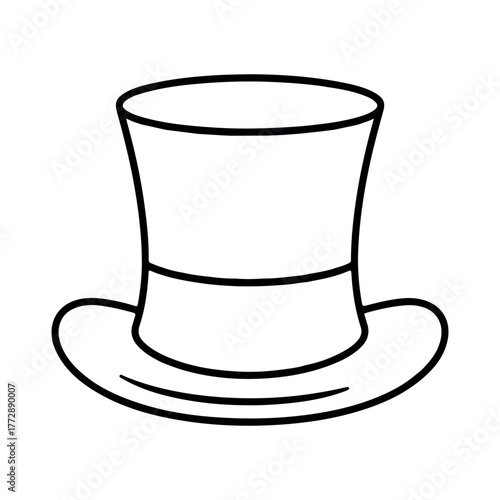 Simple hand drawn outline illustration of a classic top hat with a brim and band