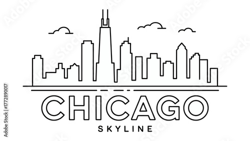 Chicago Skyline: The iconic Chicago skyline, rendered in a clean, minimalist line art style, presents the city's impressive architectural prowess. 