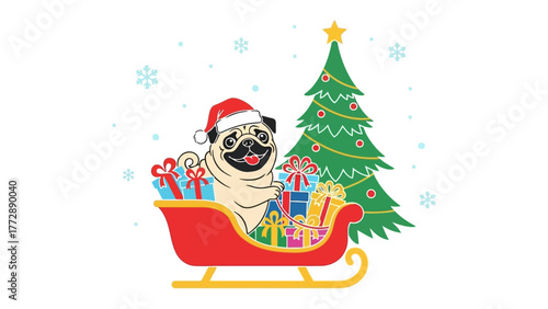 Festive Pug in Sleigh: A delightful pug, adorned in a Santa hat, joyfully rides a sleigh overflowing with gifts, next to a festive Christmas tree. Capturing the warm cheer of the holidays.