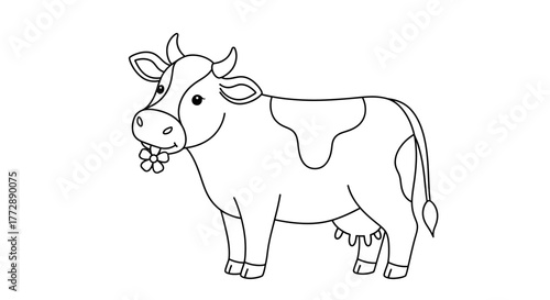 Cartoon Cow with Flower Line Art Illustration