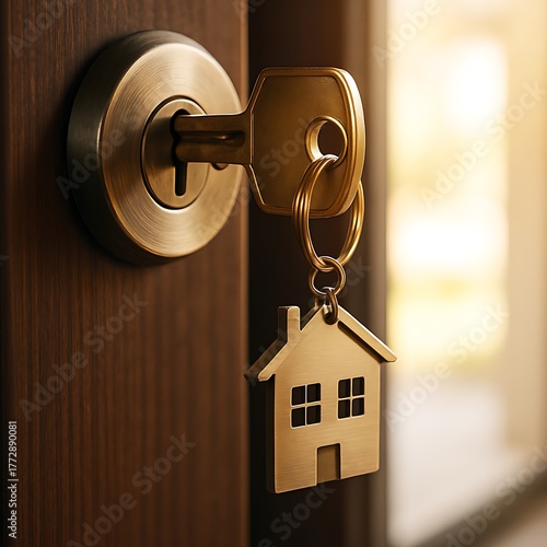 A key with a house keychain in a door lock, symbolizing home ownership