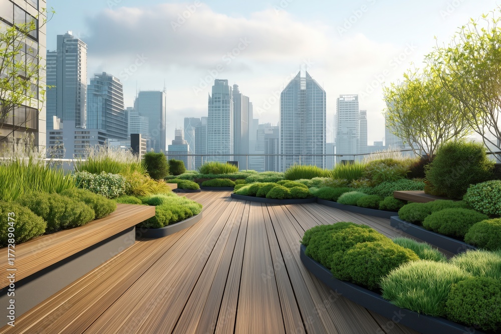 Fototapeta premium Rooftop Garden on Modern City Buildings with Green Plants and Wooden Deck