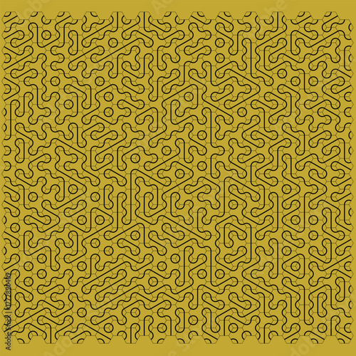 A complex geometric pattern with intertwining lines and circular elements, forming an endless grid. Thin black outlines on a yellow background