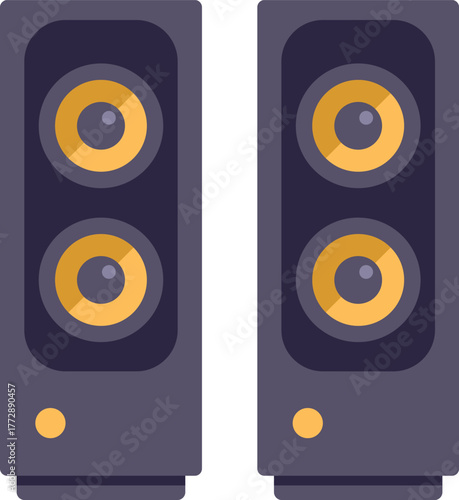 Two tall audio speakers with yellow woofers standing on white background, music equipment concept