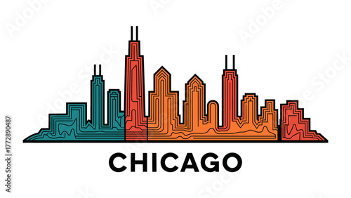 Chicago Skyline: A stylized illustration presents the iconic Chicago skyline, showcasing its architectural marvels in a modern and colorful design, with Chicago prominently displayed.