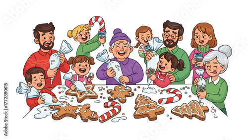 Holiday Cookie Decorating: A family unites in a festive kitchen, adorning holiday cookies with cheerful precision, embodying the spirit of the season through sweet creativity.
