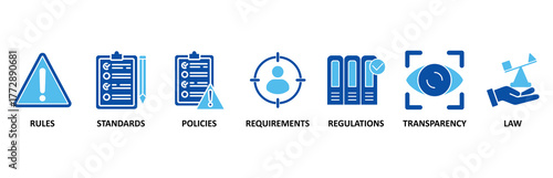 Compliance icon set In Blue Style, Vector Illustration for rules, standards, policies, requirements, regulations, transparency, and law