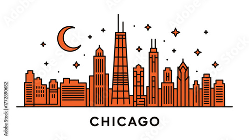 Chicago Skyline at Night: A stylized, vibrant depiction of the Chicago skyline against the backdrop of a starlit night. The minimalist design captures the essence of the city's iconic architecture.