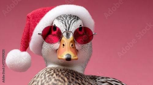 Duck is wearing a Santa hat and sunglasses, giving it a festive and playful appearance. The hat is red and has a white pom pom on top, while the sunglasses are red