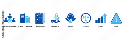 Ipo icon set In Blue Style, Vector Illustration for initial public offering with icon of crowdfunding, public company, approved, investor, trust, equity, stock and risk