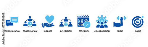 Working together icon set In Blue Style, Vector Illustration for communication, coordination, support, delegation, efficiency, collaboration, teamwork, spirit, goals