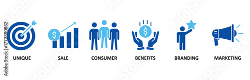 USP icon set In Blue Style, Vector Illustration for unique sale proportion with icon of unique, sale, consumer, benefits, branding, and marketing
