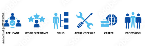 Traineeship icon set In Blue Style, Vector Illustration for apprenticeship on job training program with icon of applicant, work experience, skills, internship, career, and profession
