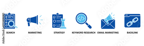 Seo marketing icon set In Blue Style, Vector Illustration for search, marketing, strategy, keyword research, email marketing, backlink
