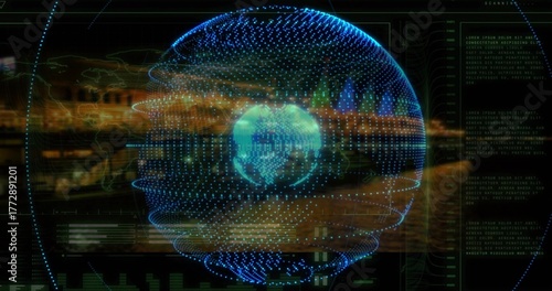 Displaying holographic Earth globe rotating in command center display, with glowing ring lights
