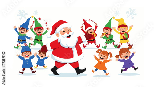 Santa and the Elves' Festive Frolic: A jovial Santa, surrounded by his cheerful elves, dances and celebrates the spirit of Christmas, creating a magical scene filled with joy and merriment.