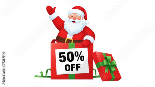 Christmas Gift Extravaganza: Santa Claus, the jolly icon of the holiday season, emerges from a vibrantly wrapped gift box offering a festive discount on seasonal treasures. Joyful and full of cheer.